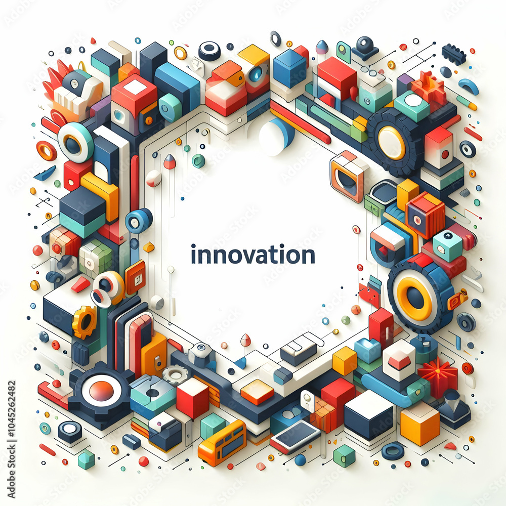 Poster flat abstract geometric border 3d elements camera rotates colorful shapes assemble spell innovation 
