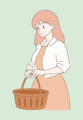 Young woman holding empty shopping basket, going to the supermarket. Hand drawn flat cartoon character vector illustration.