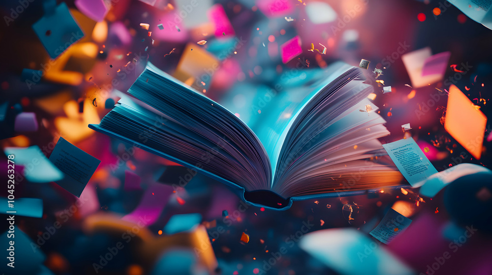 Poster a book surrounded by colorful abstract shapes and symbols on a soft background