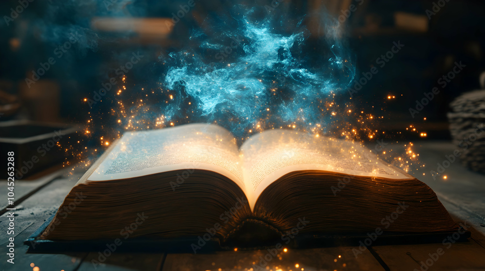 Poster a book illuminated by rays of light, symbolizing enlightenment and knowledge in a serene atmosphere