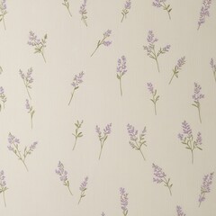 "A light beige wallpaper with a soft linen texture, featuring a delicate floral pattern of small lavender flowers with thin green stems, scattered gently across the surface. The flowers are minimalist