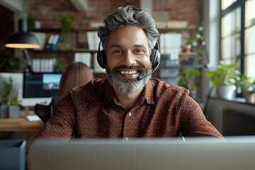 A man with a beard and gray hair smiles while wearing a headset, engaged in a remote work setting. The background shows a modern office with greenery and coworkers in a collaborative space.