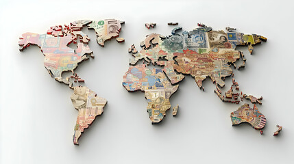 3D Currencies World Map Global Finance International Trade Advertising Banking Services Financial Products Worldwide Reach Icon White Background