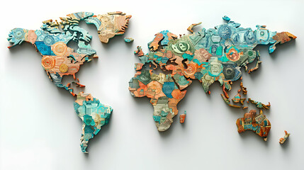 3D Global Currencies World Map Creative Representation on White Background, Symbolizing International Trade and Finance, Ideal for Global Banking and Multinational Business Advertisements