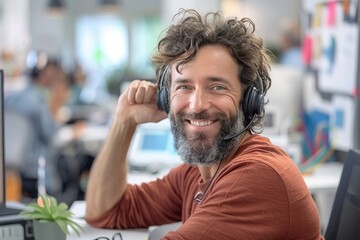 A man wearing headphones sits at a desk in a lively office. He smiles while engaging in a conversation, surrounded by modern equipment and an inviting atmosphere filled with greenery.