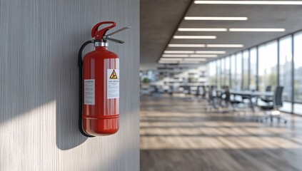 Fire extinguisher mounted on a wall in a modern office space with large windows and open workstations during the day