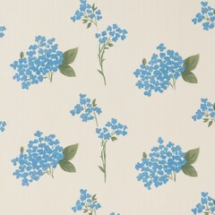 "A cream-colored wallpaper with a gentle textured background, featuring dainty clusters of soft blue forget-me-nots and small green leaves. The floral design is light and refreshing, creating a serene