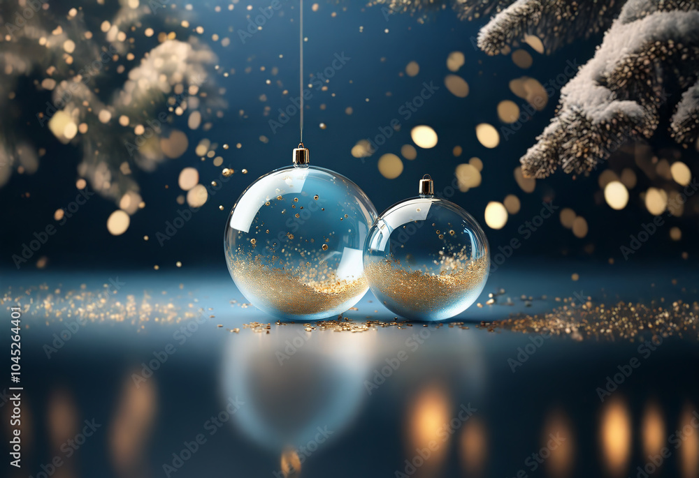 Poster two glass ornaments with gold glitter inside on a blue surface with out-of-focus lights and snow-cov
