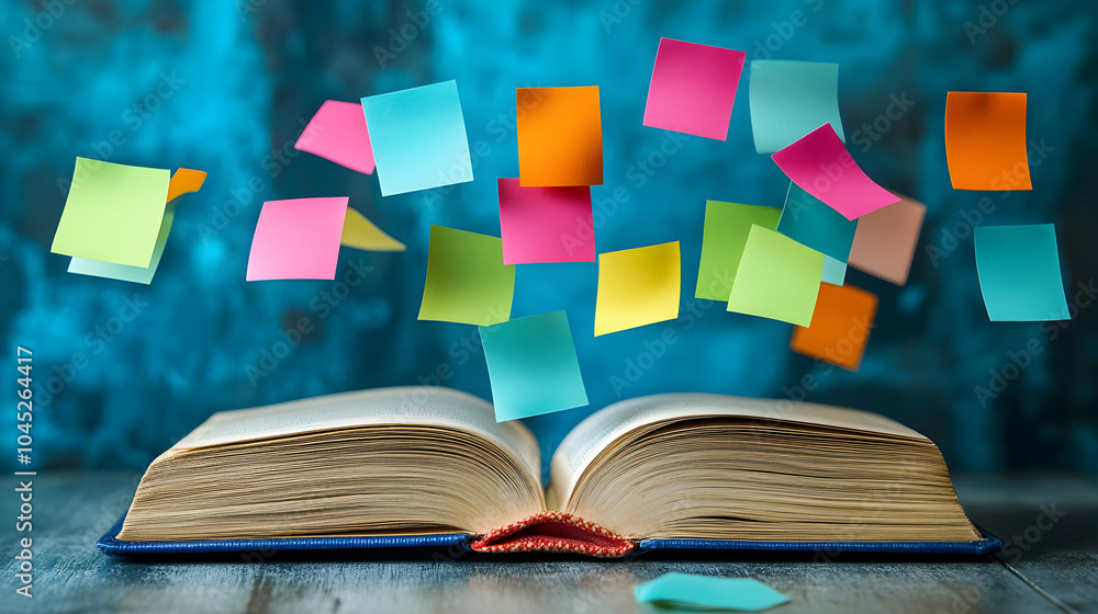 Poster open book surrounded by colorful post-it notes symbolizing ideas and organization