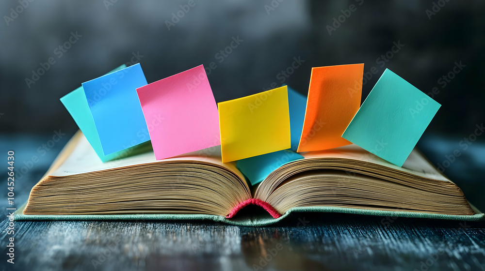 Poster a colorful book surrounded by vibrant post-it notes in an organized workspace setting