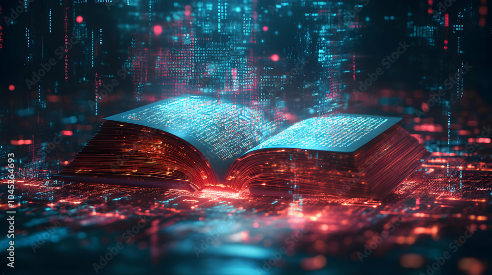 Poster a book with digital codes flowing out, symbolizing knowledge and technology integration