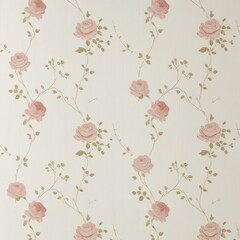 "A soft ivory wallpaper with a delicate linen texture, adorned with small blush-colored roses and thin winding vines. The pattern is evenly spread, bringing an understated elegance and vintage charm 