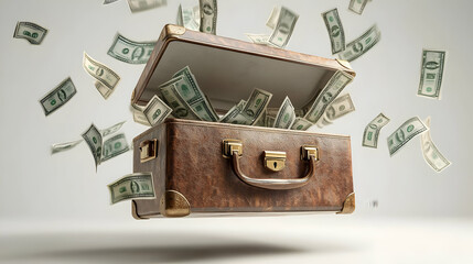 3D Levitating Briefcase with Flying Dollar Bills - Business Success Icon - High Quality Image of Floating Briefcase, Dollar Bills, White Background, Symbolizing Profit and Ventures