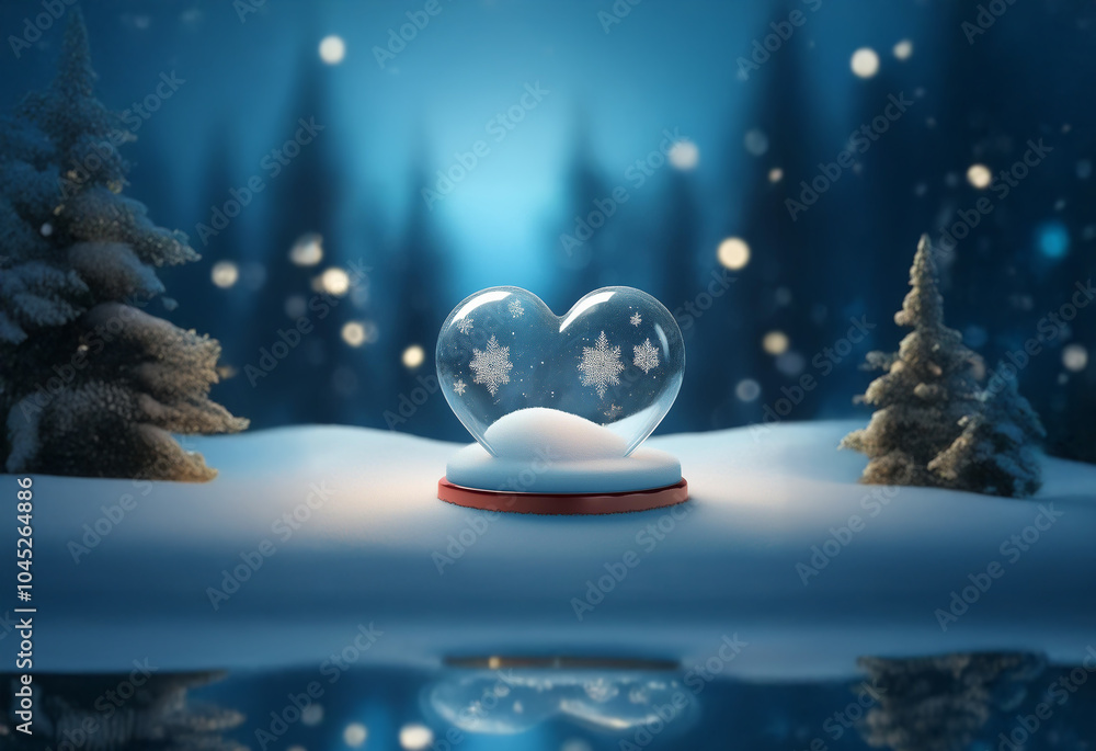 Poster A glass heart filled with snowflakes sits on a snowy surface with trees in the background. The heart is illuminated from behind, casting a warm glow.