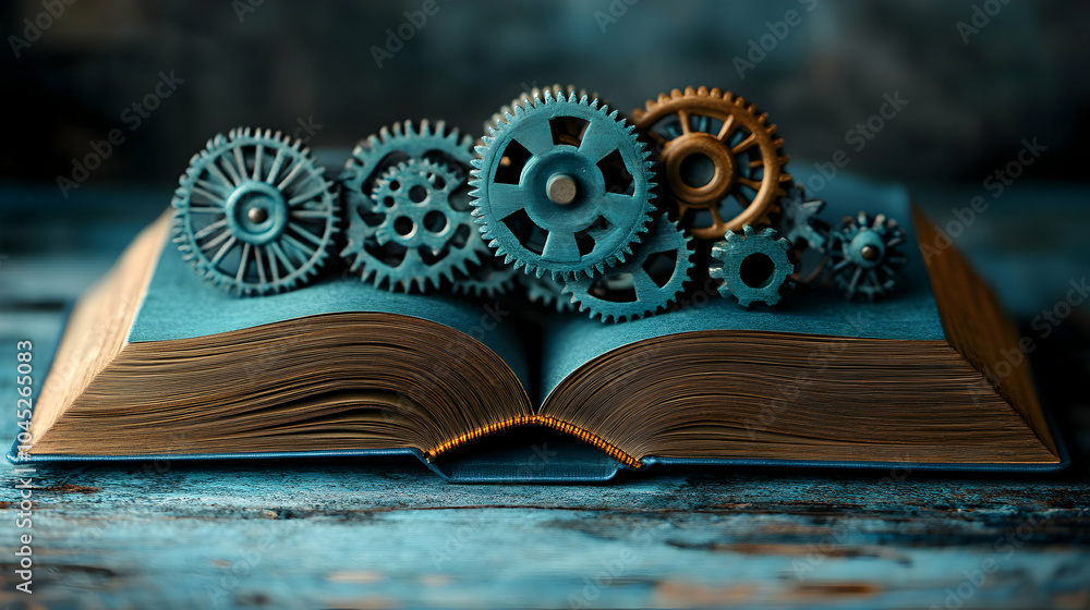 Poster a book surrounded by intricate gears and cogs illustrating the mechanics of thought and knowledge