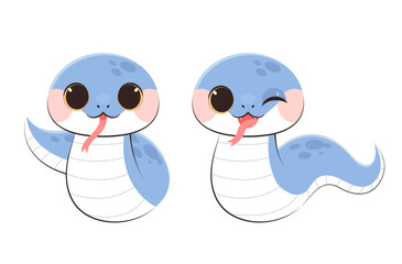 Two illustrations of cute blue snake characters. A smiling face, a winking face.