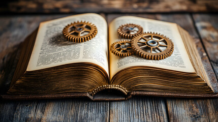 Obraz premium A Book Surrounded by Intricate Gears and Cogs Representing the Mechanics of Knowledge and Innovation