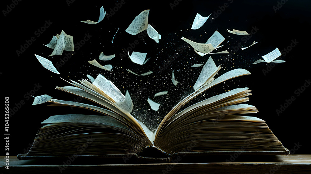 Poster a book with pages flying out, symbolizing the spread of knowledge and ideas in a dynamic and creativ