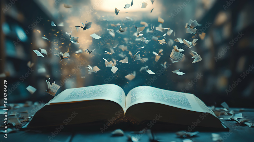 Poster a dynamic representation of knowledge: a book with pages flying out, symbolizing the spread of knowl