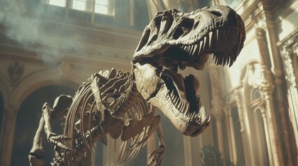 Massive T. rex skeleton towering in a museum display, ancient bones creating a dramatic prehistoric scene.