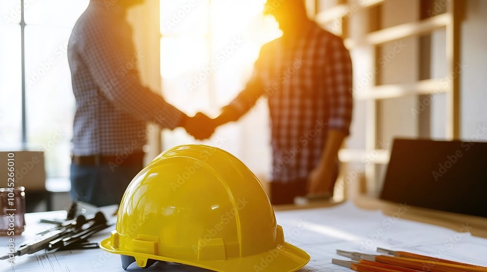 Wall mural two people shaking hands in a construction setting with a yellow hard hat and blueprints on a table,