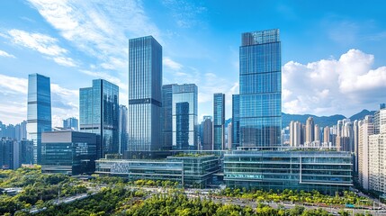 Obraz premium Modern city skyline with tall glass skyscrapers, green spaces, and clear blue skies