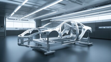 Obraz premium Car body manufacturing with high-tech machinery shaping metal and assembling car frames with precision.