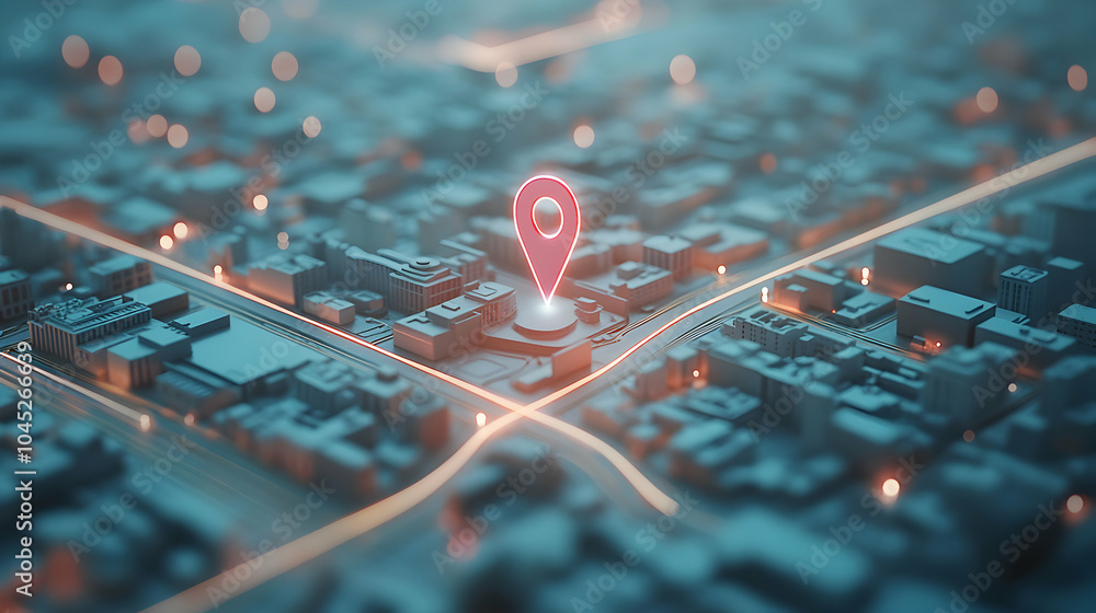 Poster clean and simple digital map with location pin, reflective surface, modern design elements