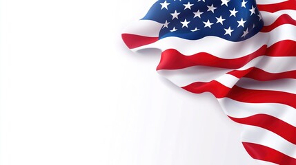 Fototapeta premium Waving American flag with red and white stripes and white stars on a blue field, set against a white background