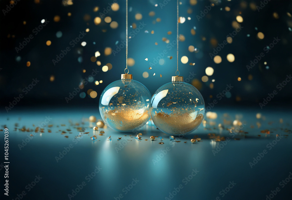 Wall mural Two glass ornaments hang from strings against a blue background with golden confetti falling around them.