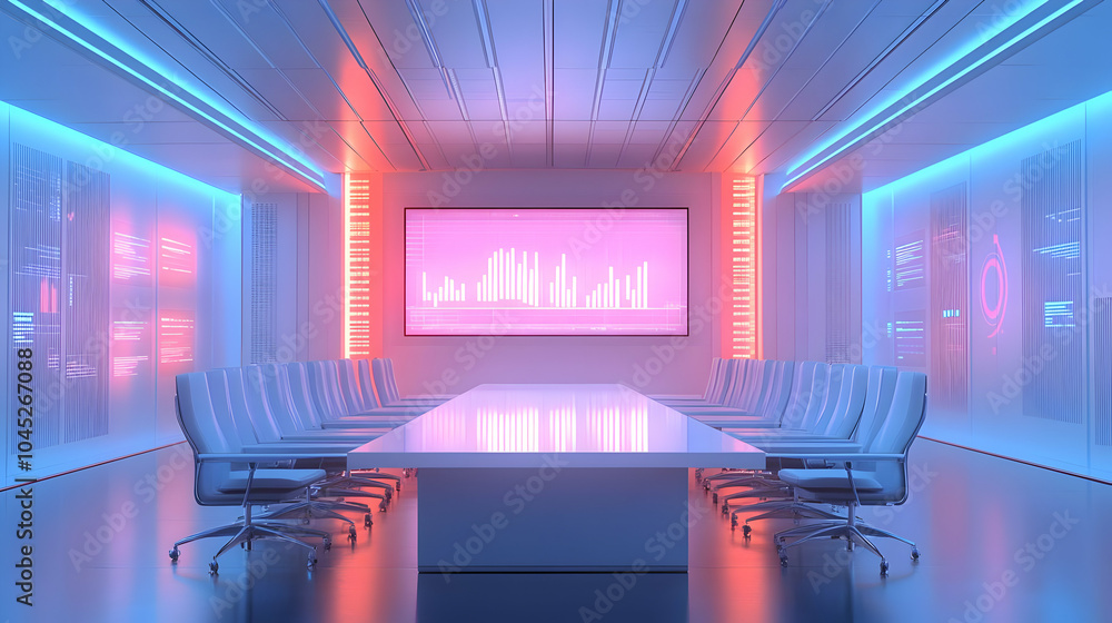 Poster 3d empty modern conference room with large projection screen financial data business presentation wi