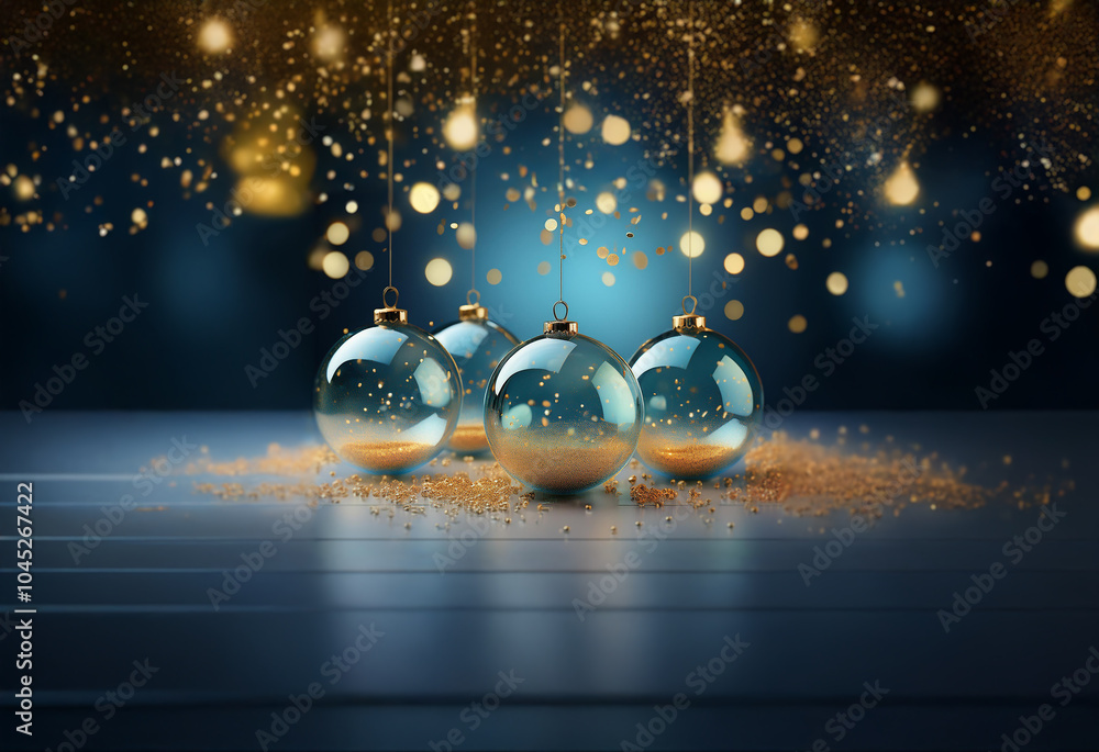 Poster four shiny blue ornaments rest on a wooden surface, illuminated by a cascade of golden lights and a 