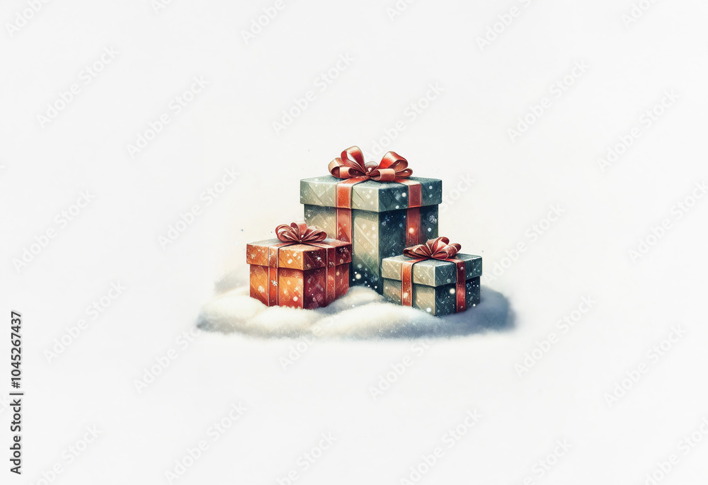 Canvas Prints Three wrapped gifts sit on a small pile of snow against a white background.