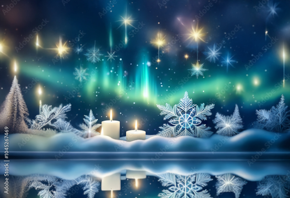 Poster White candles illuminate a snowy landscape with a vibrant aurora borealis reflected in the icy water.