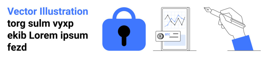 Lock symbolizing security, smartphone displaying a graph, and hand drawing with a pen. Ideal for data security, mobile analytics, secure transactions, cybersecurity, and data analysis. Banner