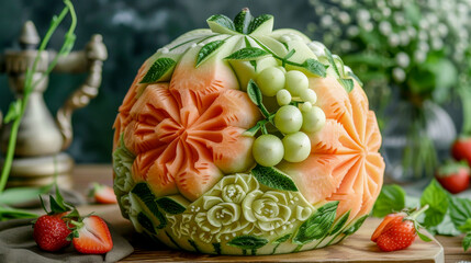 Elegantly carved watermelon with floral designs surrounded by strawberries and flowers