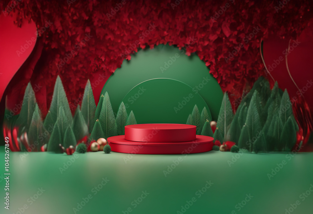 Poster A red platform sits in the center of a green and red 3D scene. There are trees and ornaments around the platform.