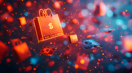 3D Bokeh Business Art Floating Money Bags Credit Card Icons Isolated White Background Savings Financial Transactions Digital Artwork Personal Finance Commerce