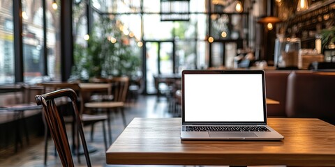 Open laptop with a blank screen on a wooden table in a cozy café with warm lighting and blurred background