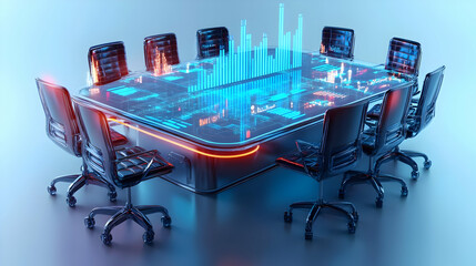 3D Business Conference Table with Glowing Financial Data Charts, Floating Discount Tags & Currency Symbols, Financial Strategy Concept on Plain White Background for Marketing and Promotion