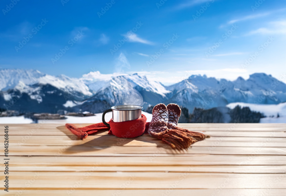 Poster A steaming mug of hot cocoa sits on a wooden table with winter accessories against a backdrop of snow-capped mountains.