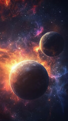 Two planets in space with vibrant nebula background