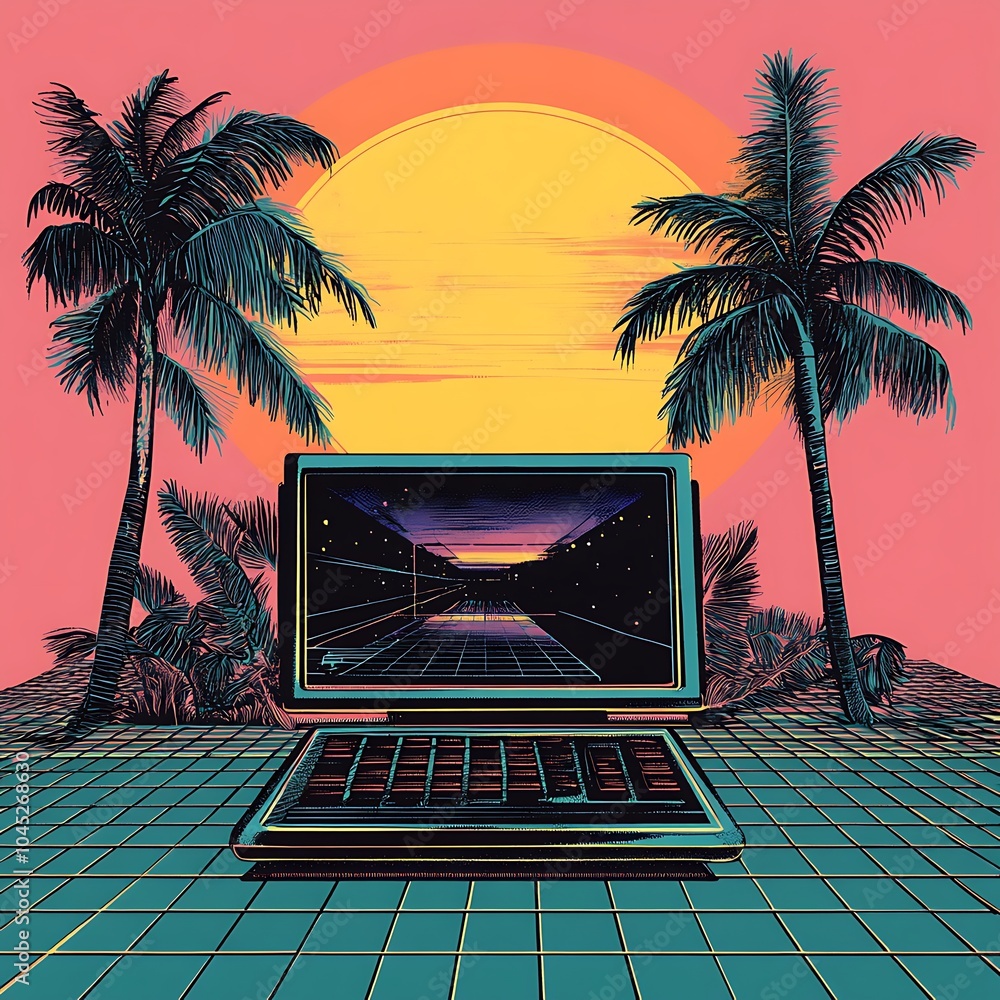 Poster Retro computer screen displaying a cityscape at sunset with palm trees in the foreground.