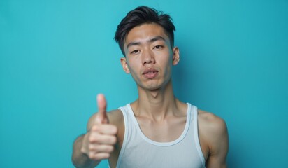 Asian man with confident expression giving thumbs up against turquoise background with copy space