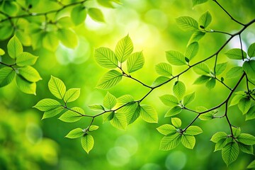 Obraz premium Fresh green leaves on tree branches in shallow depth of field