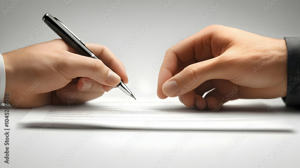 Poster 3d business partners signing contract glossy table focused hands documents ample copy space white ba