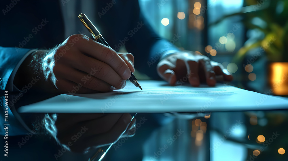 Poster 3d business partners signing contract glossy table medium shot hands documents ample copy space plai