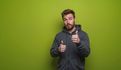 Bearded Man with Surprised Expression Giving Thumbs Up Against Green Background with Copy Space