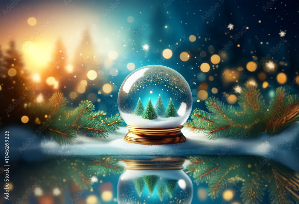 Aufkleber a snow globe sits on snow with evergreen branches on either side, surrounded by a magical winter sce