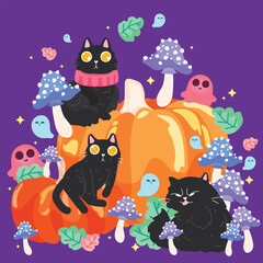 Three black cats with bright orange eyes sit playfully among pumpkins, spotted mushrooms, and cute little ghosts. The colorful leaves and sparkling stars add to the magical, Halloween-themed scene.